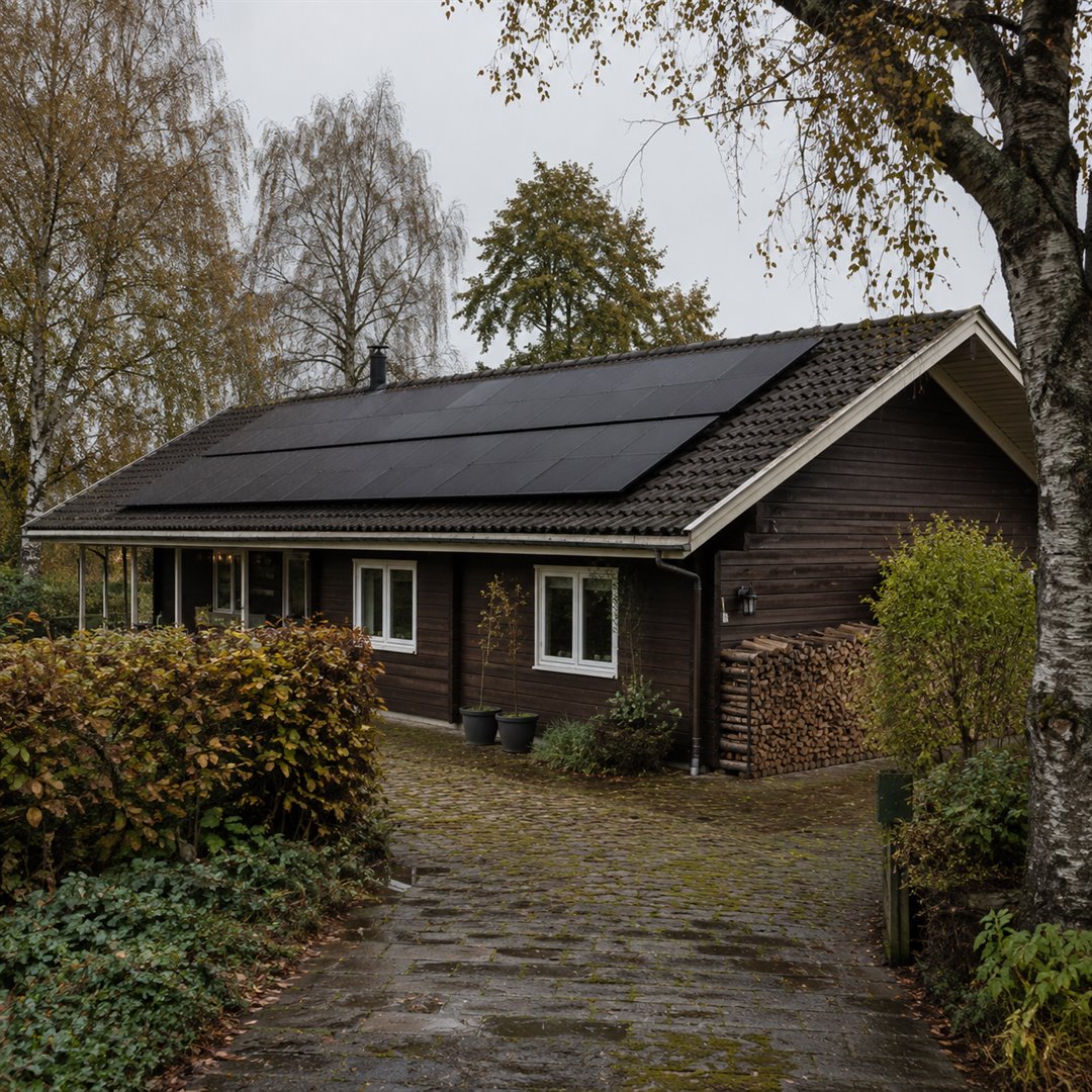 Sortmalet træhus med sorte solceller på taget, efterårsdag